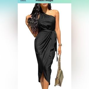 One shoulder wrap satin belted cocktail dress